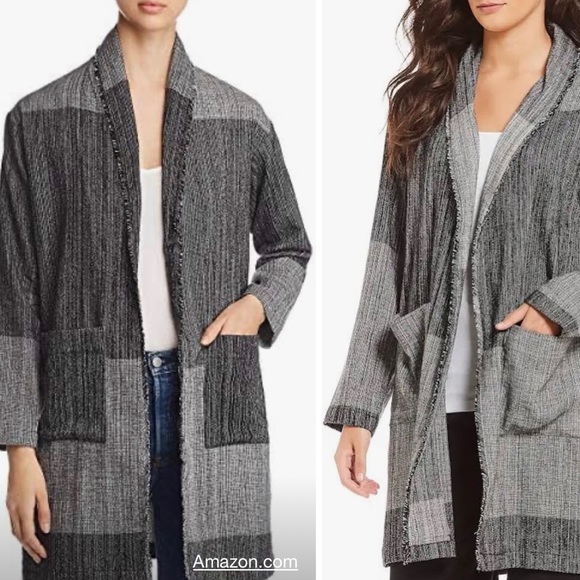 Eileen Fisher Black Organic Cotton Hazy Blocks Shawl Cardigan Jacket Size L/XL - Picture 13 of 15